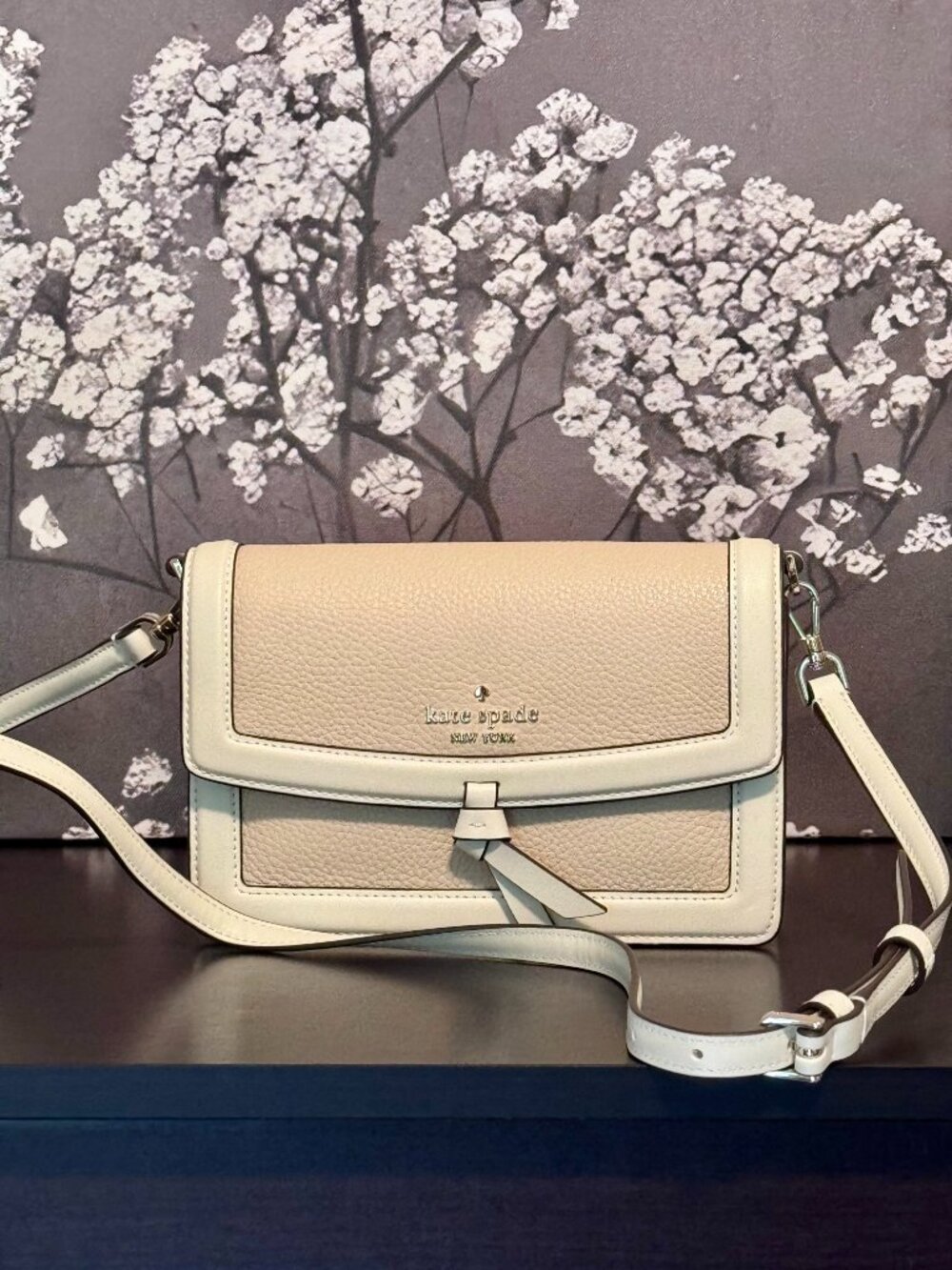 Kate Spade Knott Mini Flap Crossbody Bag Pebbled Leather Purse KM610 Light Cream